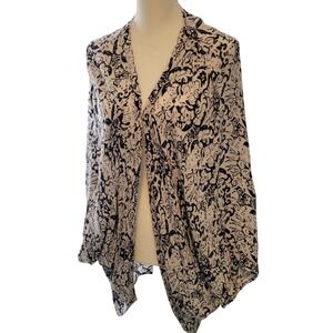 En Creme Floral Print Open Front Kimono Cover Up Lightweight Sz‎ L Navy White